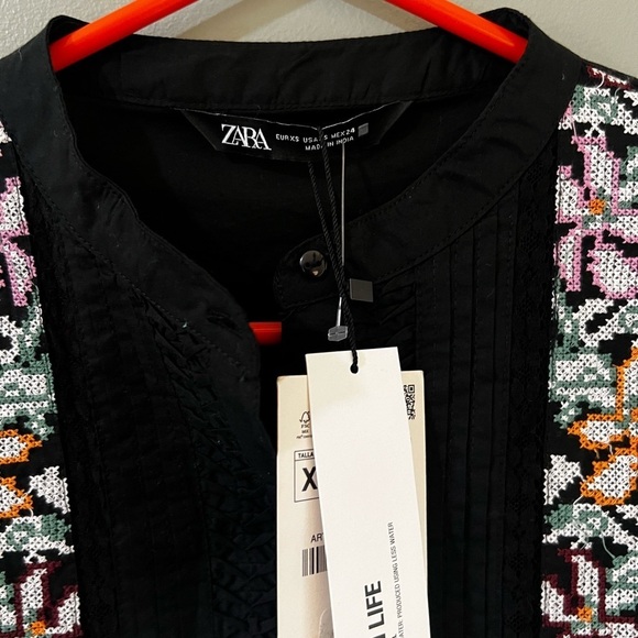 Zara Boho Black Embroidered Top Blouse Shirt long sleeve NWT size extra small - Picture 7 of 10